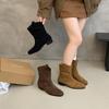 Французские квадратные носки Мори ковбойские сапоги 2025 осень и зима новые универсальные простые V-образный вырез толстый каблук тонкие короткие сапоги