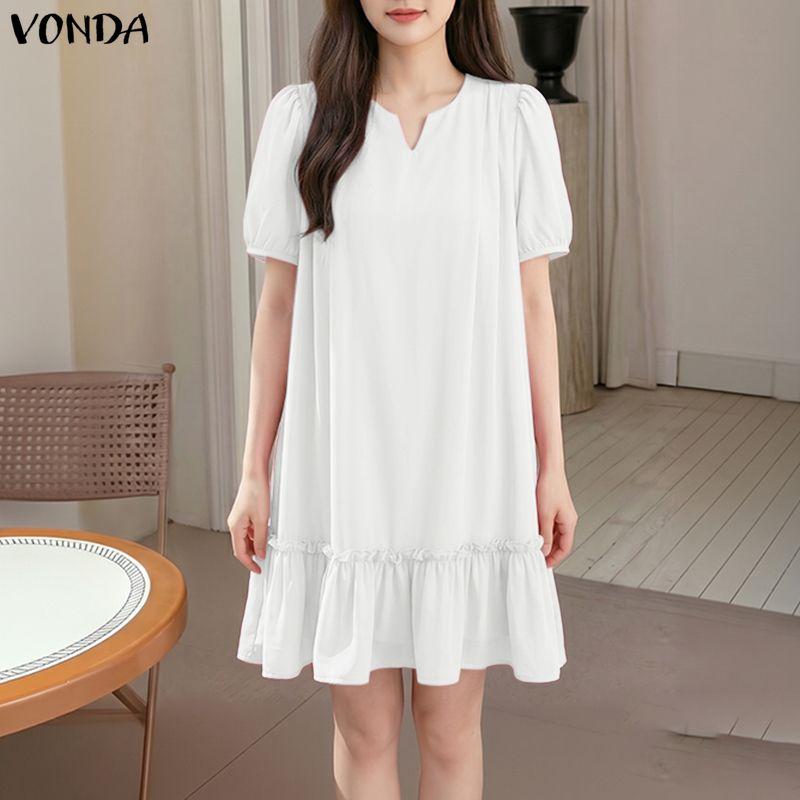 VONDA Летнее женское короткое платье-туника с коротким рукавом, пэчворк, с оборками, повседневное