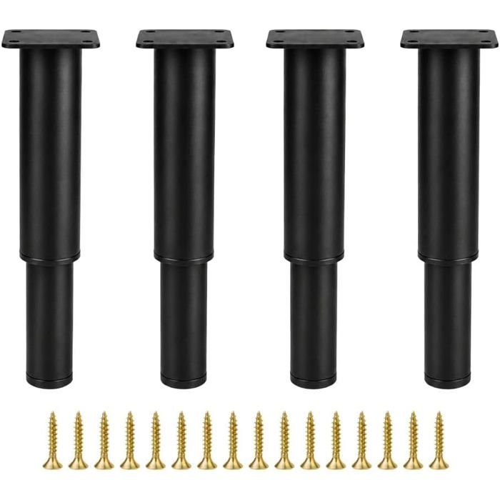 Lot de 4 Pieds de Meuble Réglables en Acier 25-42cm, Noir, Plaque de Fixation Solide, Embouts Antidérapants