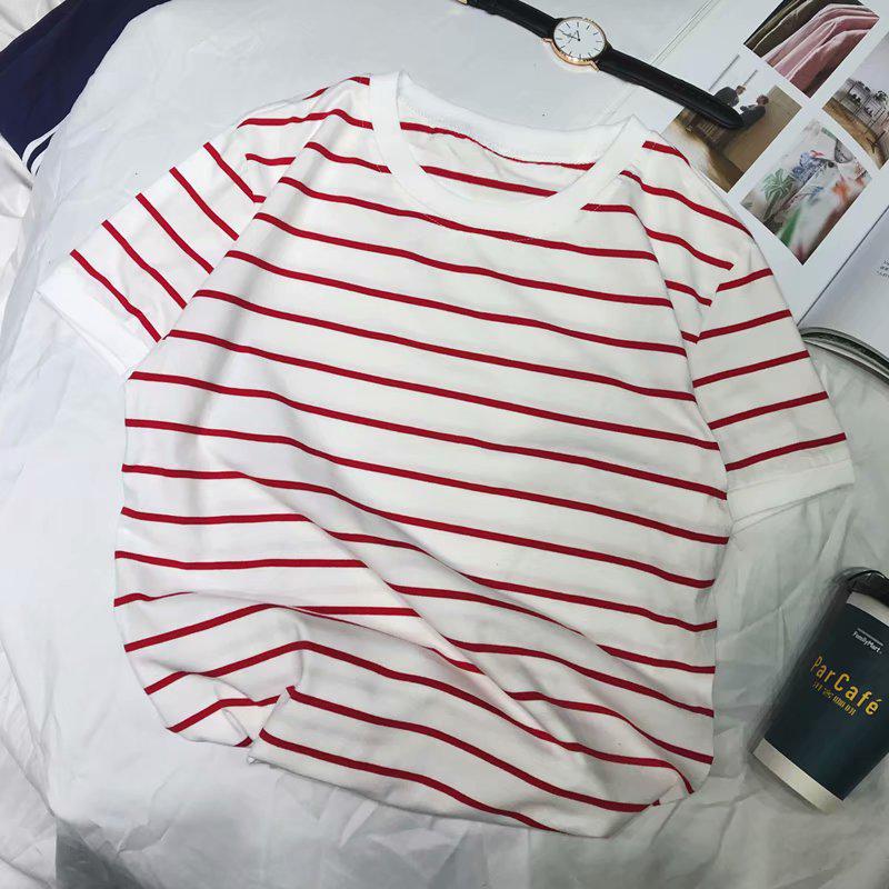 Корейская мужская полосатая футболка с коротким рукавом и круглым вырезом