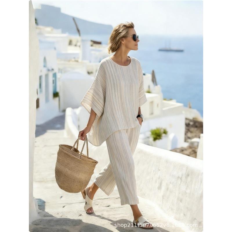 New 1D European and American style large size shirt loose casual women's summer fashion seaside vacation two-piece suit