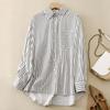 Весна-осень рубашка с одним карманом в вертикальную полоску для женщин винтажная корейская блузка простые свободные рубашки с длинным рукавом
