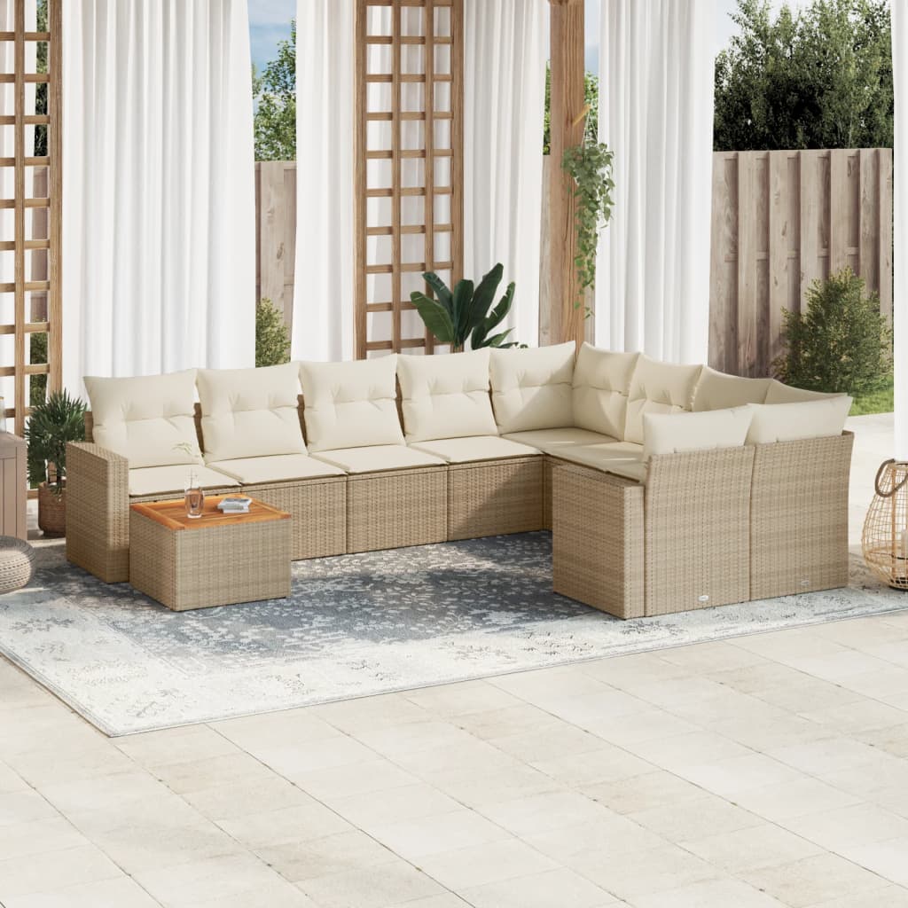 10 Piece Garden Sofa Set with Cushions Beige Poly Rattan