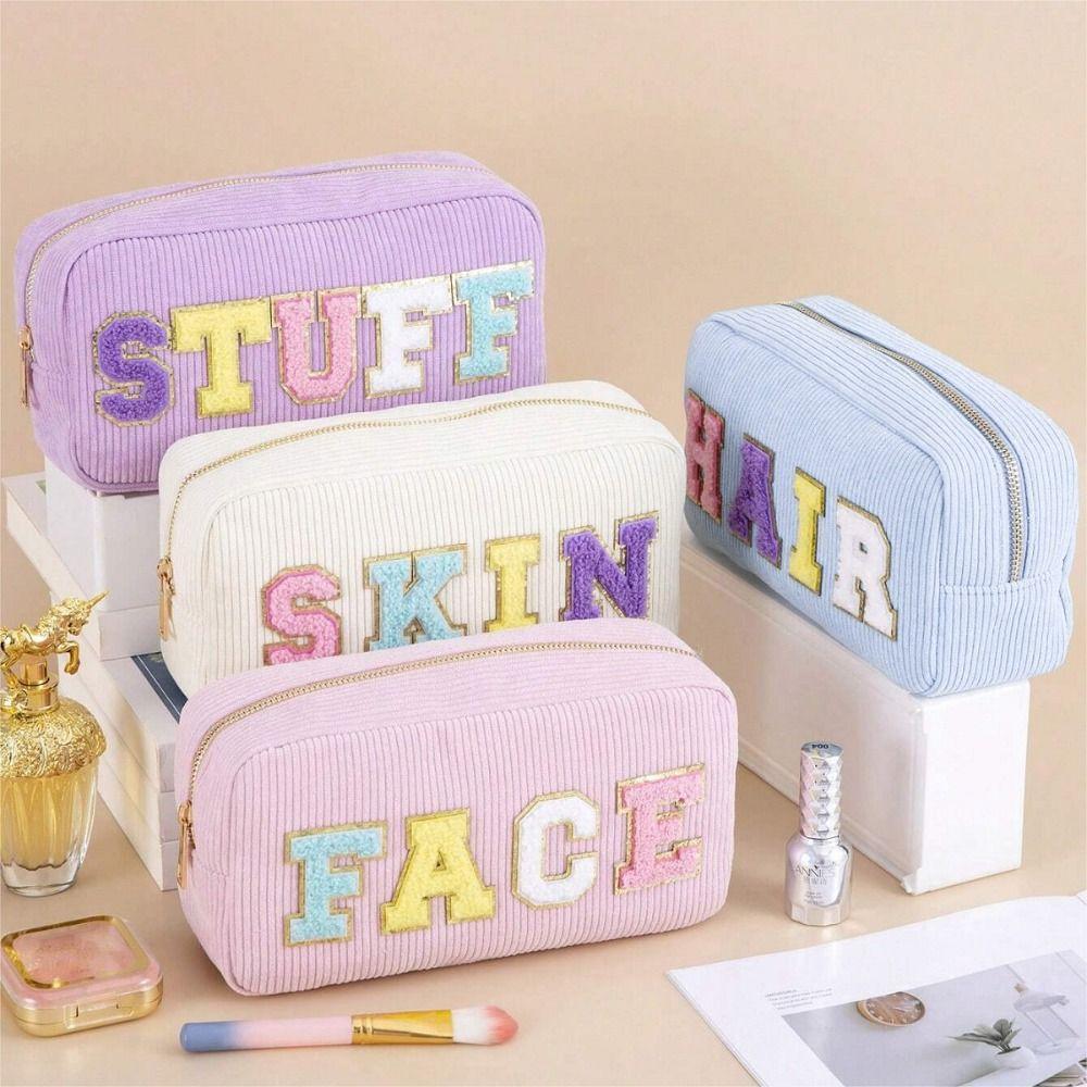 Corduroy Storage Bag Pink Beige Blue Purple Embroidery Letter Makeup Train Cases High Capacity Lipstick Organizer Women Girls