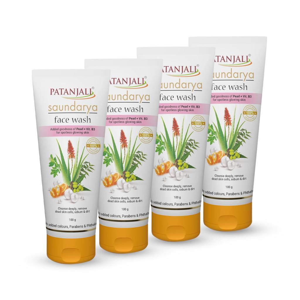 Patanjali Saundarya Face Wash 100g X Pack of 4 for Daily Clean, Fresh, and Radiant Skin with Natural Nourishing Care