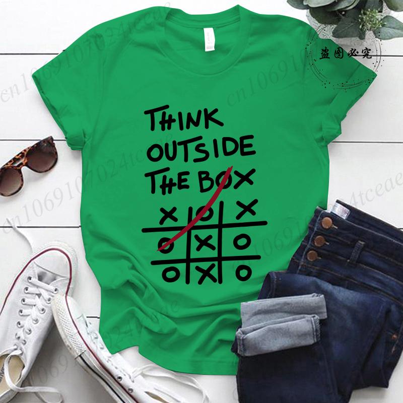 Think Outside The Box Printed Women T-Shirts, Women's Casual Tee Shirts Clothing Short Sleeve Crew Neck Top for Summer & Spring