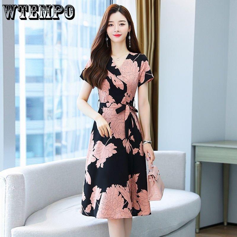 Женское элегантное платье из шифона со шнуровкой на талии, темпераментное платье средней длины с разрезом и цветочным принтом