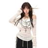 Japanese Y2k Knitted Tops Tattoo Print Long Sleeve T-shirt Ribbed Vintage Harajuku Shirring Knitwear Gothic Clothes
