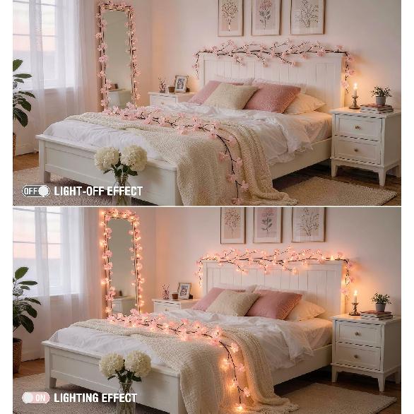 JMEXSUSS 48LED Cherry Blossom Lights Wall Decor, 4Ft Vines for Bedroom USB | Sakura Hanging Lights for Bedroom Decor,Willow Vines with Lights for
