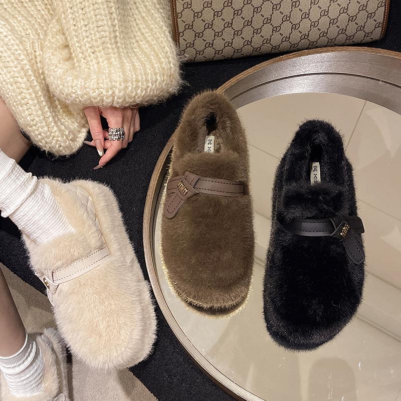 Белые плюшевые туфли на толстой подошве с одной педалью Европейские плюшевые туфли Детская плюшевая обувь 2025 новая обувь из хлопка Doudou на осень и зиму