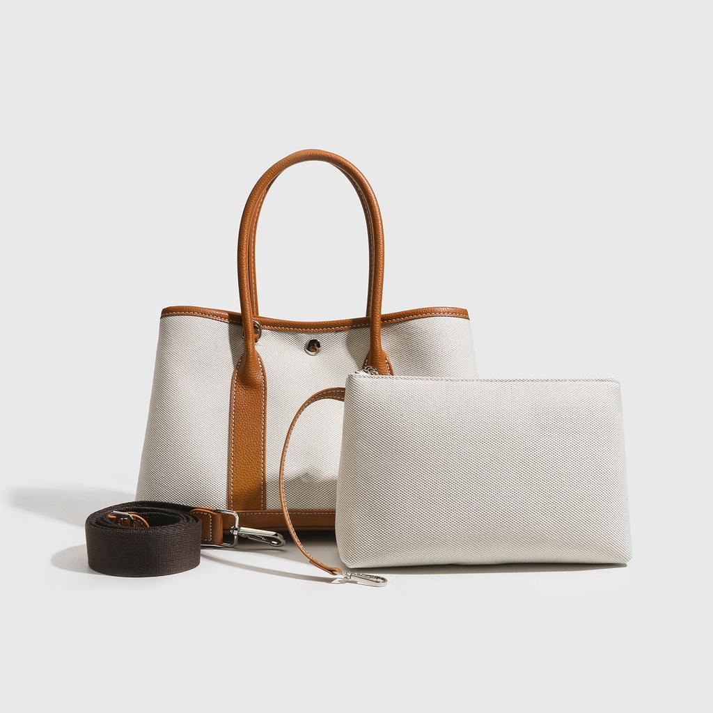 canvas with cowhide handbag, high-end sense, large-capacity contrasting color shoulder tote bag.