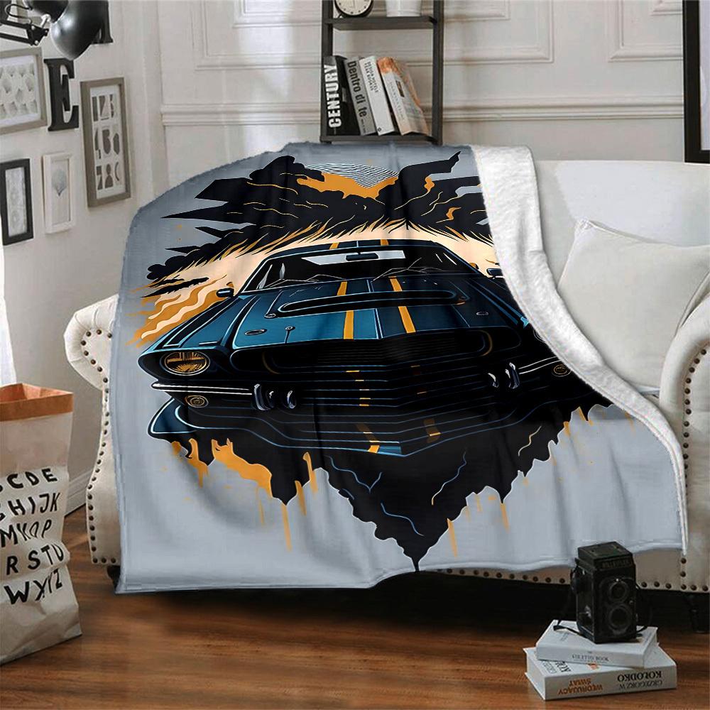 1pc Muscle Car Racing Lightweight Flannel Blanket, Comfortable and Warm Blanket, for Office and Camping Sofa Bed, Livingroom095