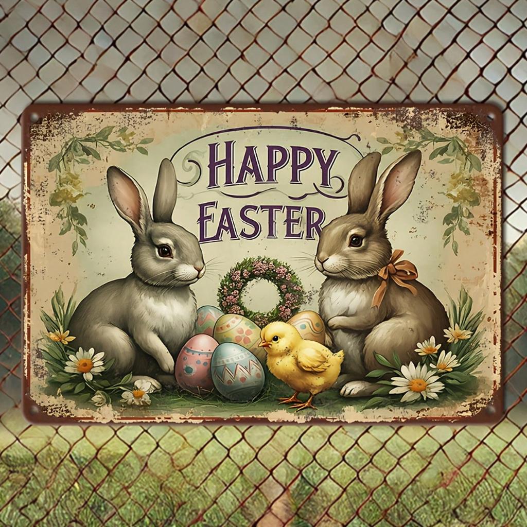 Vintage Easter Metal Wall Sign x Inch Country Style Happy Easter Design Two Rabbits Chick Durable Iron Home