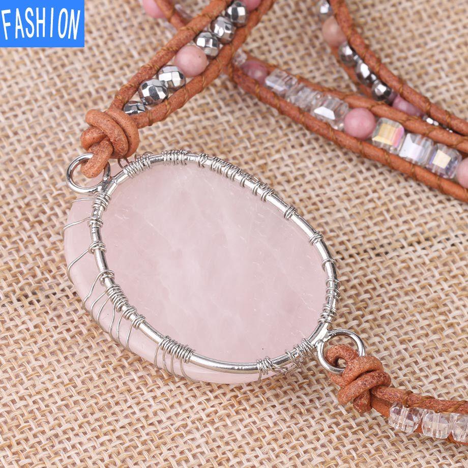 Life Layer Bracelet Multi Tree Wire Wraped Natural Pink Crystal Bracelet Womens 6mm Natural Stone Bead Mahogany Grain Stone Bracelet