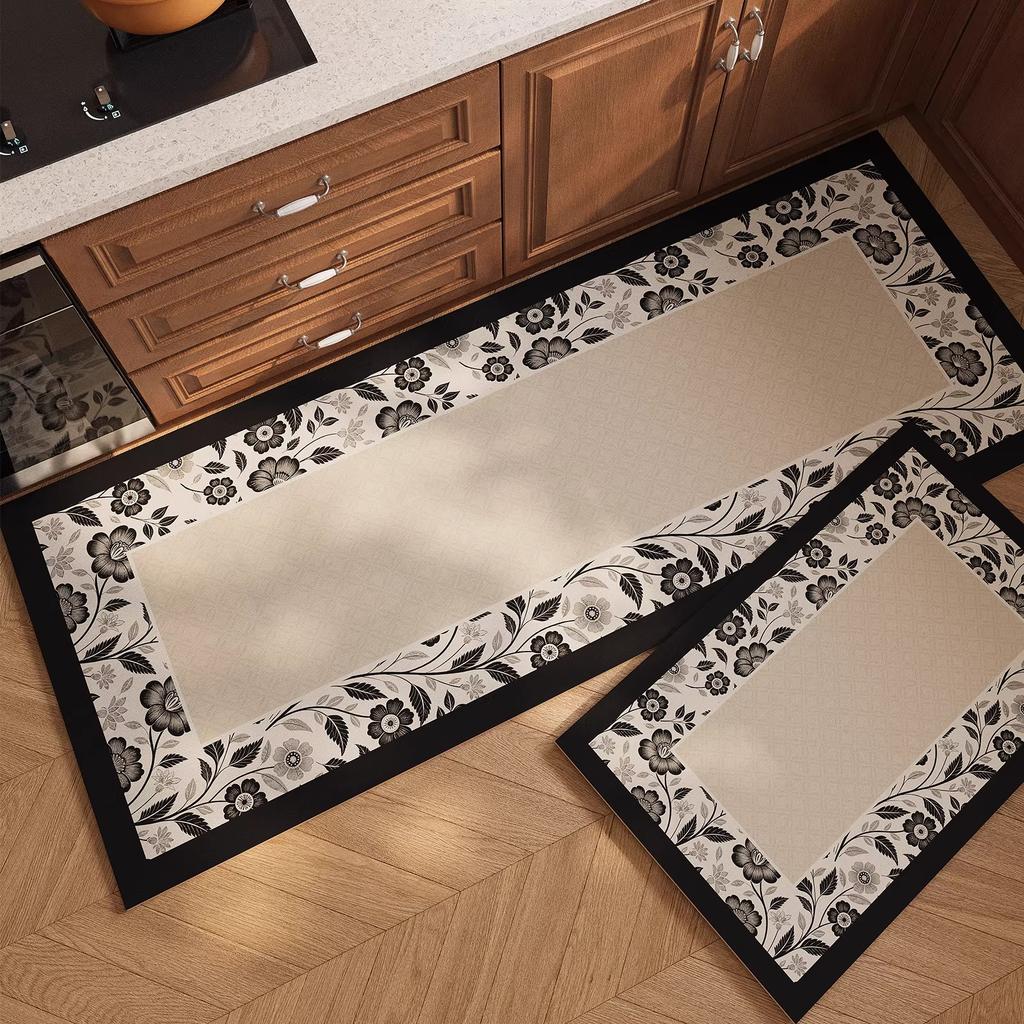 Kitchen Floor Mat Long Carpet Waterproof Non-slip Rug French Vintage Style Rugs Oil-proof Stain-resistant PVC Leather Carpets
