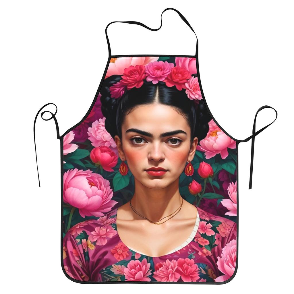F-Frida K-Kahlo Portrait Roses Aprons Unisex Sleeveless Kitchen Bibs Polyester Household Cleaning Pinafore