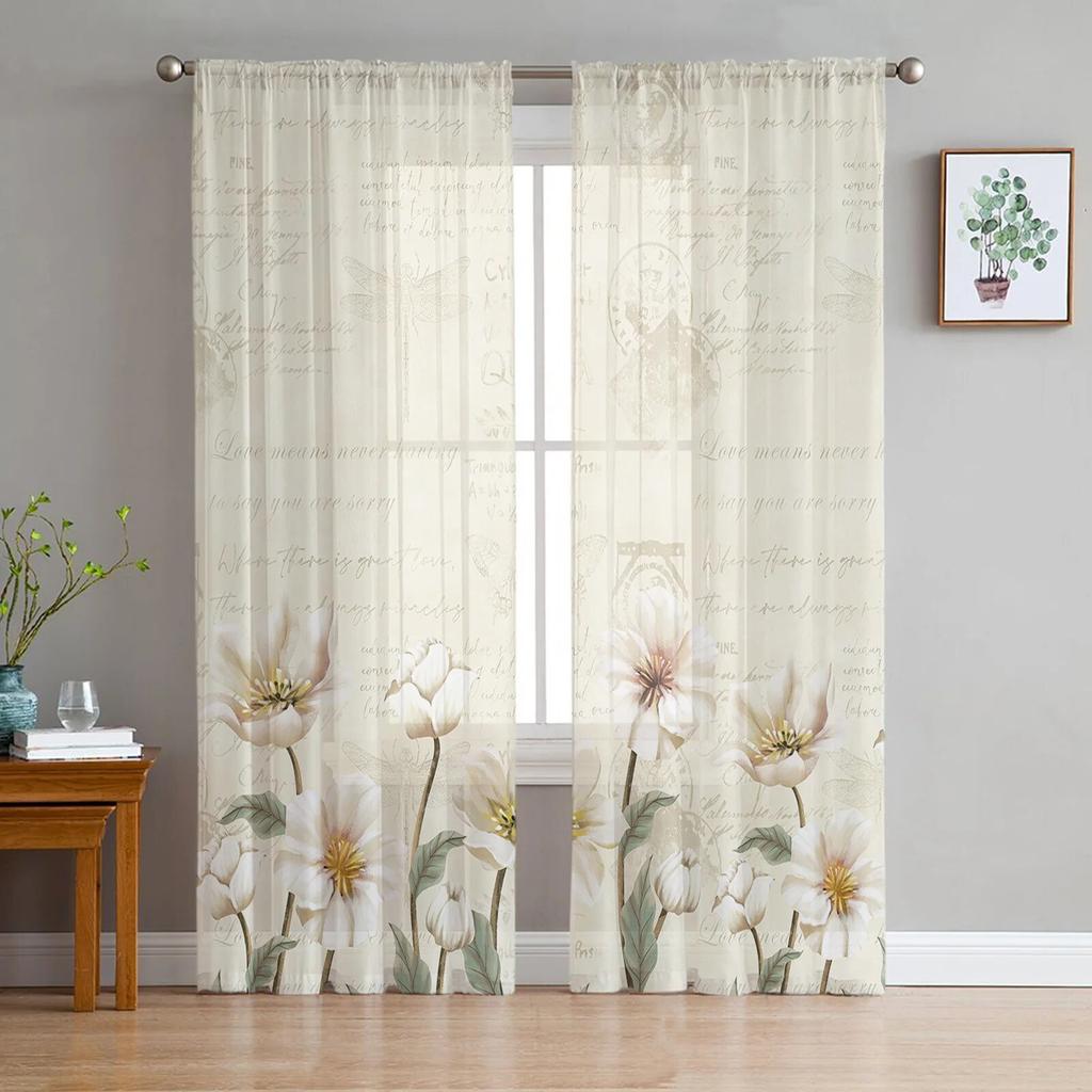 Идиллические белые цветы, винтажные фоновые тюлевые шторы для гостиной, кухни, современные оконные занавески, вуали