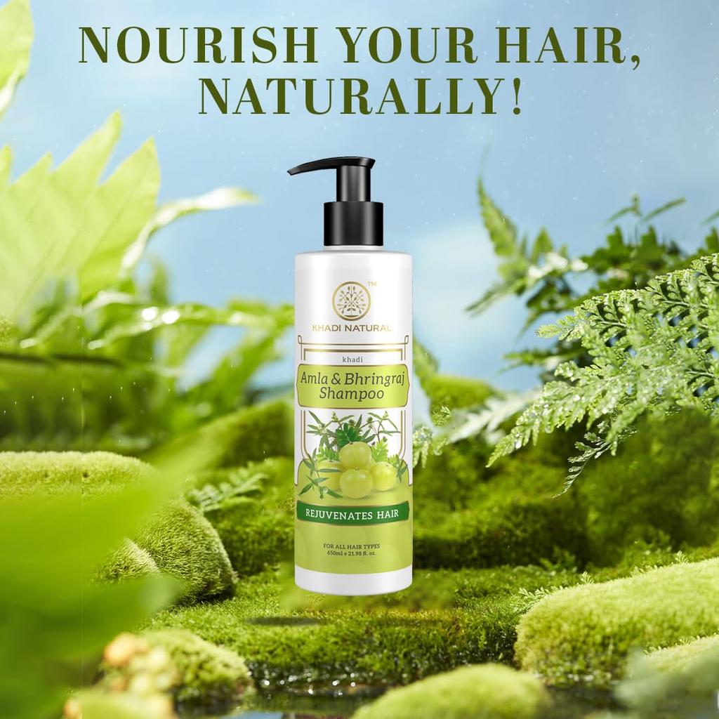 Khadi Natural Amla & Bhringraj Shampoo Pack of 2 X 650 ml Each for Dandruff Control & Hair Care