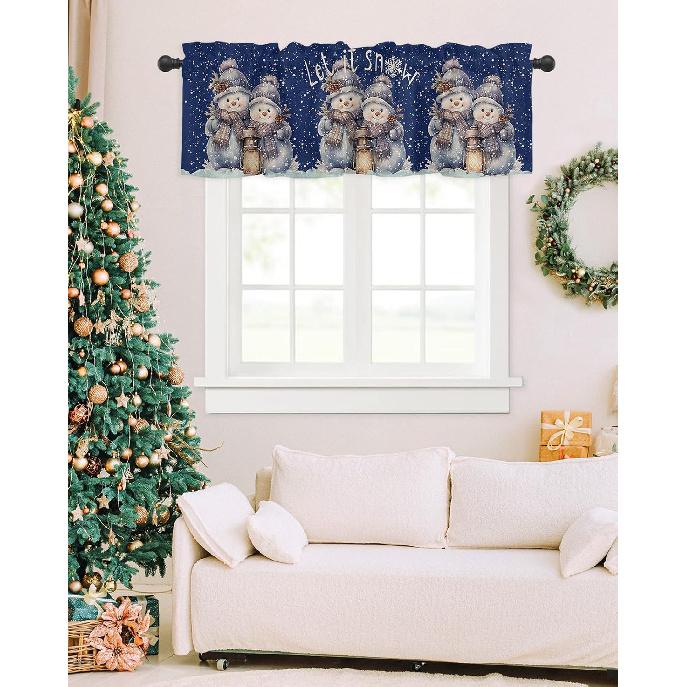 Penguin Winter Snowman Oil Lamp Snowflake Valance Tier Curtain Rod Pocket Valance for Multi-purpose Rooms, 1 Panel, 42x12 Inch, White
