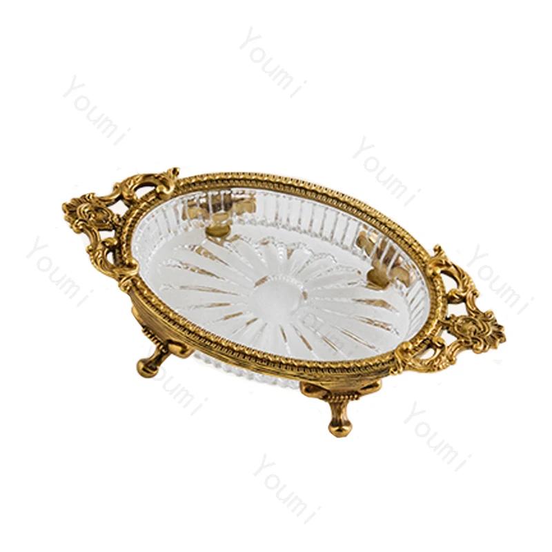 Легкие роскошные латунные стеклянные подносы Французский дворец Резные серьги Поднос для хранения ювелирных изделий Организация входа в дом Декоративный поднос