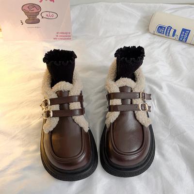 Кожаные туфли женские туфли 2024 новые осенне-зимние плюшевые туфли британский стиль универсальные Lefu Shoe Academy