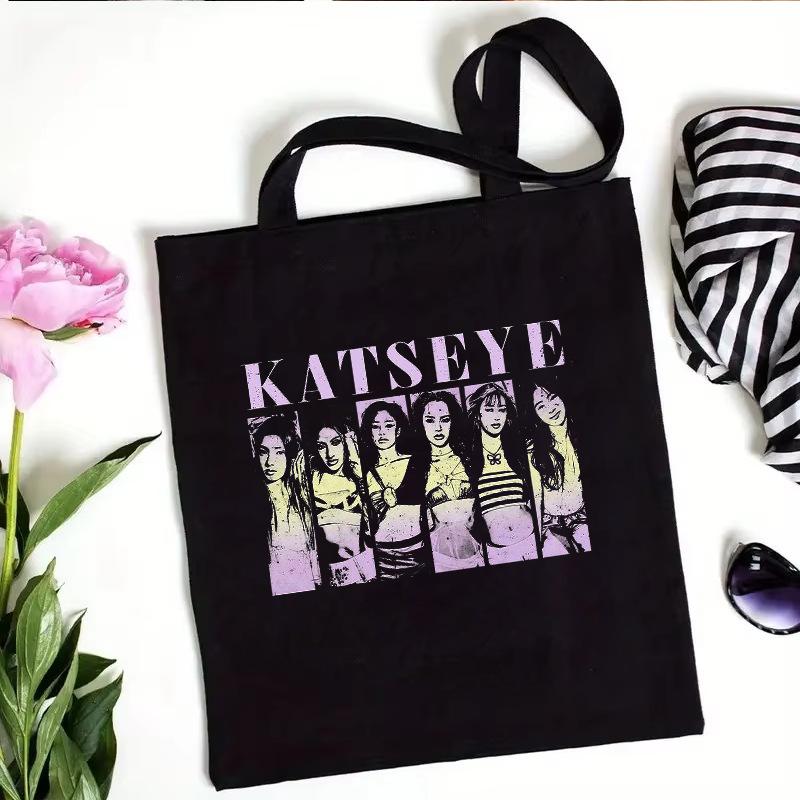 Katseye Kpop Merch Canvas Tote Bag Shoulder Handbag Shopping Bag Large Capacity Eco Friendly Fan Gift White