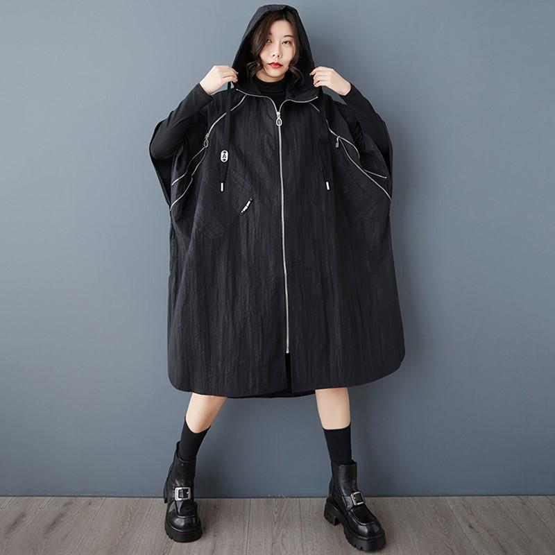Short Sleeve Plus Size Black Vintage Hooded Casual Loose Autumn Spring Trench Coat for Women Outerwear