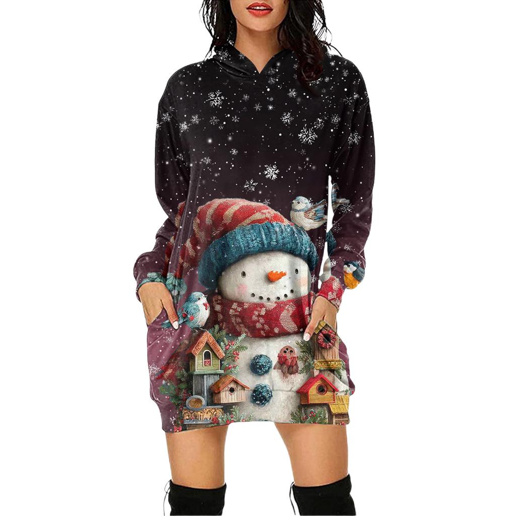 Women's Christmas Print Long-Sleeved Hooded Pocket Pullover Dress