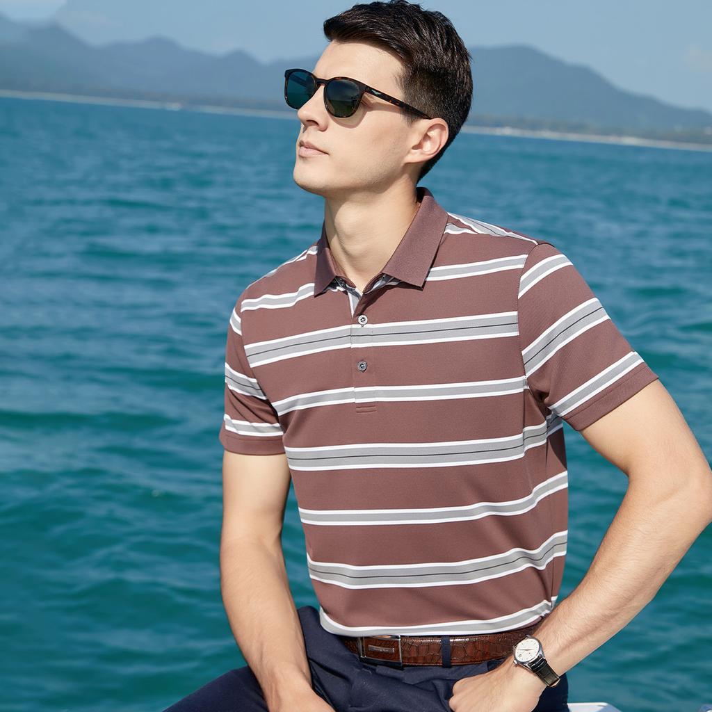 [Containing Mulberry Silk] Color woven striped flower bead ground white long filament men's polo shirt