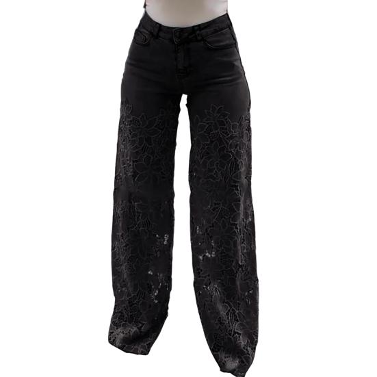 Women's Lace Patchwork Jeans Casual Baggy Straight Wide Leg Denim Pants Mid Waist Floral Hollow Out Jeans