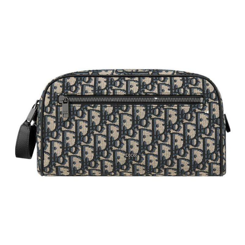 Dior Сплошной логотип Застежка-молния Косой Жаккард Кожа с зернистой текстурой Косметичка Мужская Косметичка Бежевый Черный 2ESCA494YKY-H27E