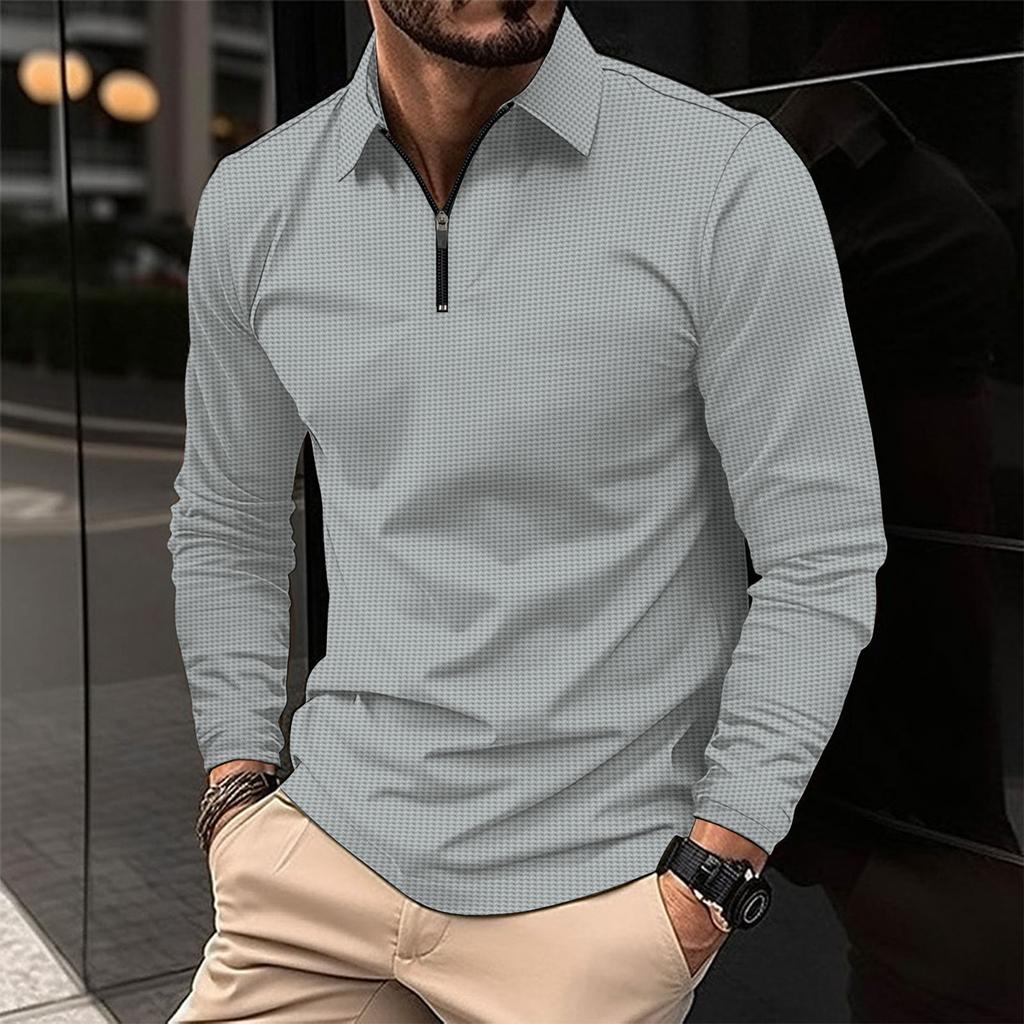 New European and American Men's Collar Fashion Solid Color Waffle Long Sleeved Men's T-shirt POLO