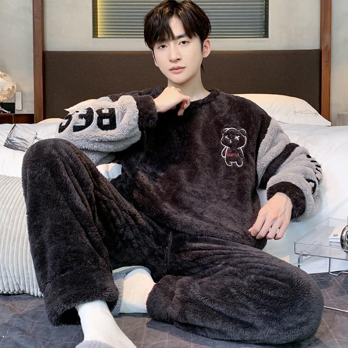 Осенне-зимний комплект мужской пижамы из кораллового флиса, утепленная фланель, теплая пижама большого размера с рисунком, мягкая пижама для мужчин, домашняя одежда