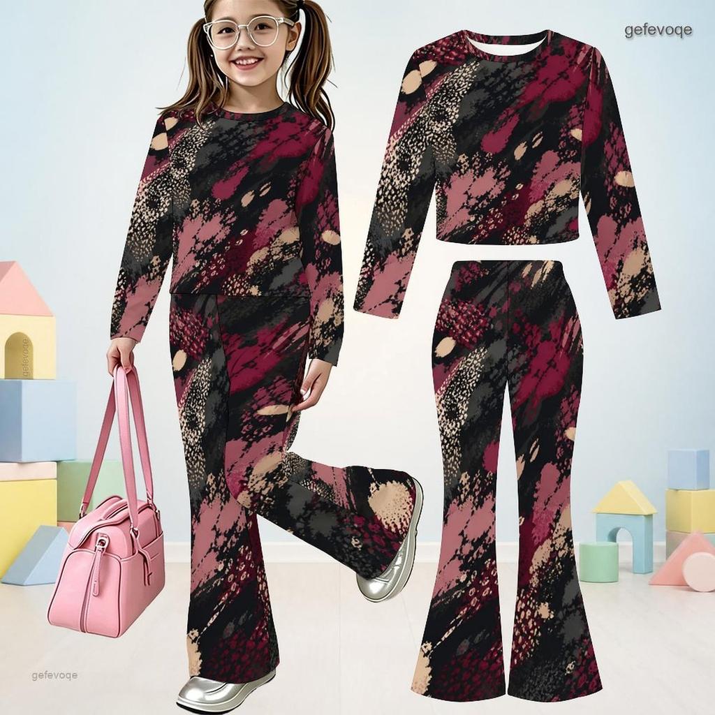 Girls Round Neck Long Sleeve Printed Top Flared Pants Two Piece Set