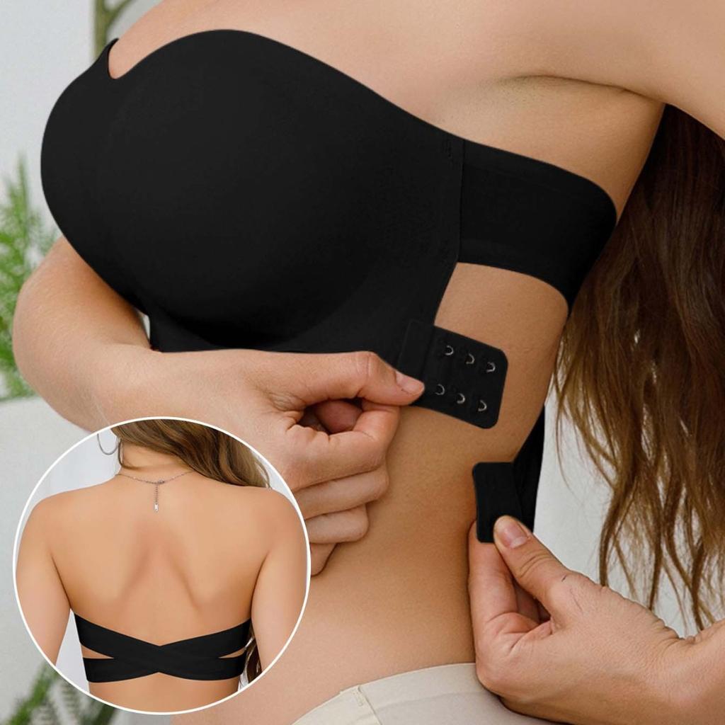 Women's Solid Strapless No Padding Seamless Side Button CrossBra Comfortable Smooth Underwear Back Wrap Bra Black Lingerie