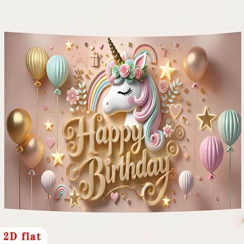 2D Pink Gold Unicorn Birthday Backdrop Rainbow Star Photoshoot Background
