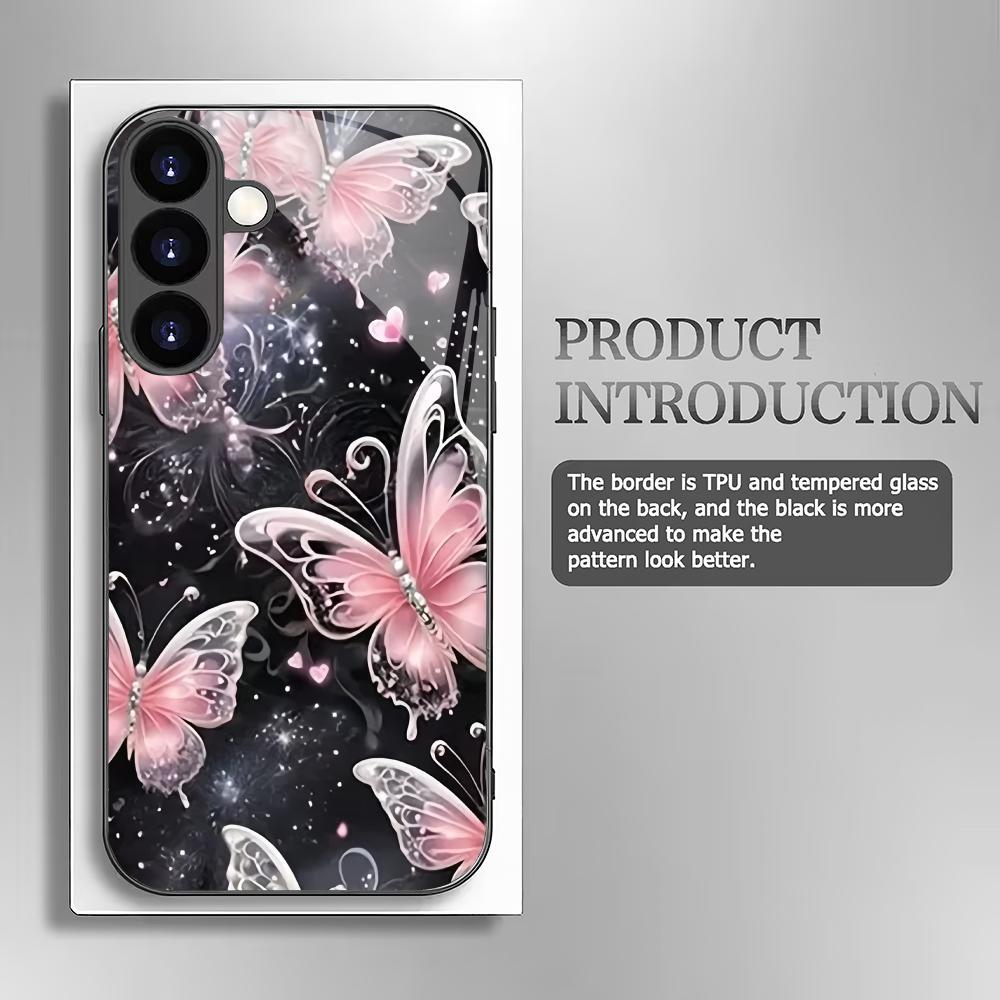 Розовый бабочка закаленное стекло чехол для телефона подходит для Samsung Galaxy S26 S25 S24 S23 S22 S20 FE/Ultra/Plus противоударная задняя крышка