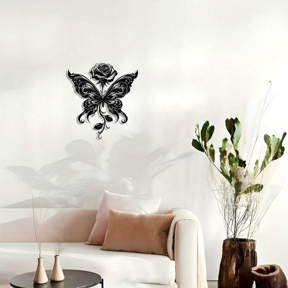 1 PC of Black Iron an Elegant Butterfly with A Rosey Metal Wall Art - Modern Home Decor for Bedroom, Living Room, or Bathroom.