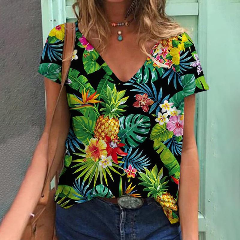 Лето 2023, футболка с 3D растительным принтом и фруктами, женская футболка с v-образным вырезом, топ Kawaii, уличный женский свободный модный универсальный топ в стиле Харадзюку, 2023 г.