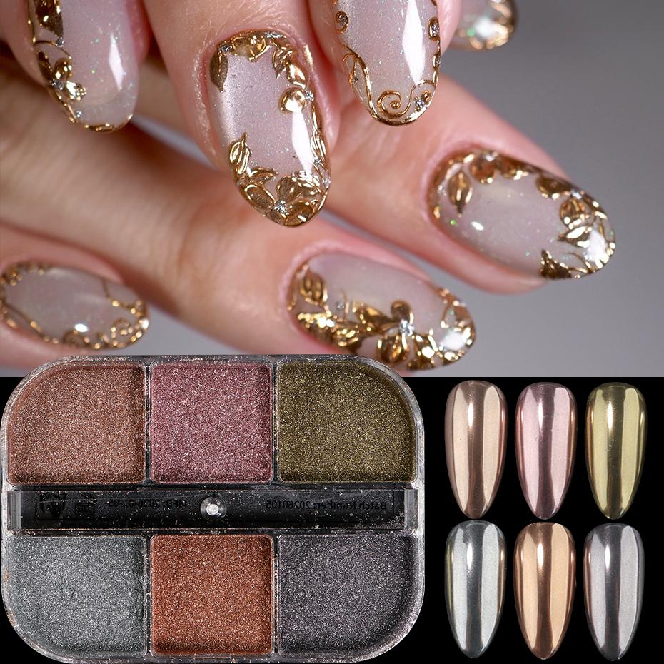 Xiaomi 6 Grids Chrome Nail Powder Pigment Metallic Mirror Nail Art Glitter Rose Gold Silver Dust Gel Polish Acrylic Manicure Decoration