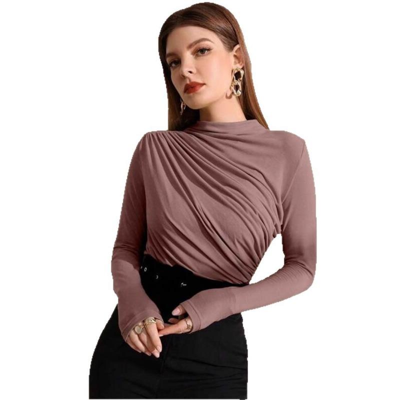 Women's Autumn and Winter Small High Neck Pumped Pleated Versatile Long-sleeved T-shirt
