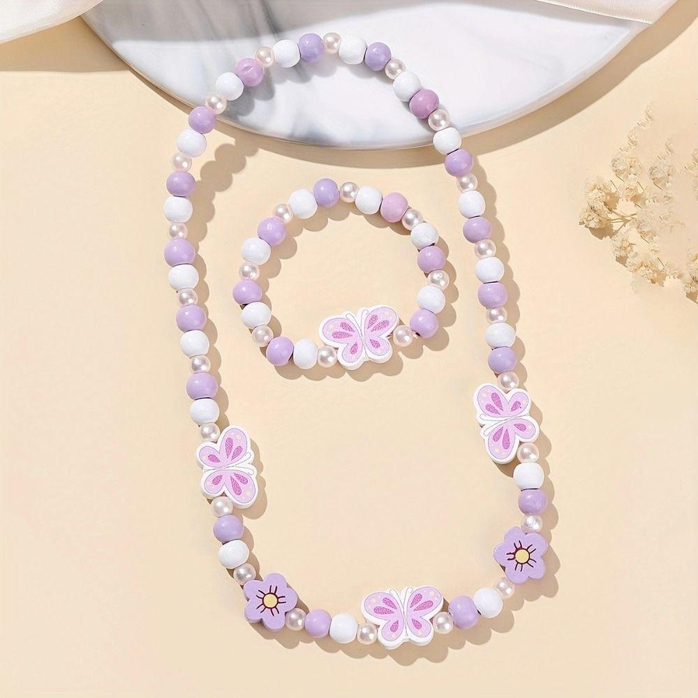 2pcs Cute Cartoon Wood Beads Necklace Animal Shape Children's Necklace Bracelet Jewelry Set