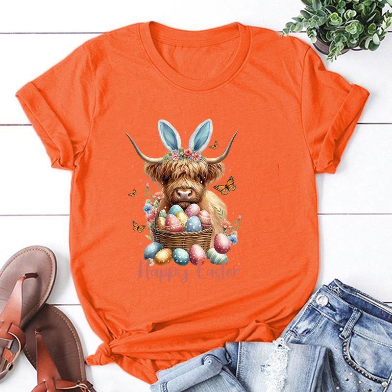 Hot Easter Day Unisex Short Sleeve Cow Happy Easter Print T Shirts Women Causal Harajuku Tops Funny T Shirt