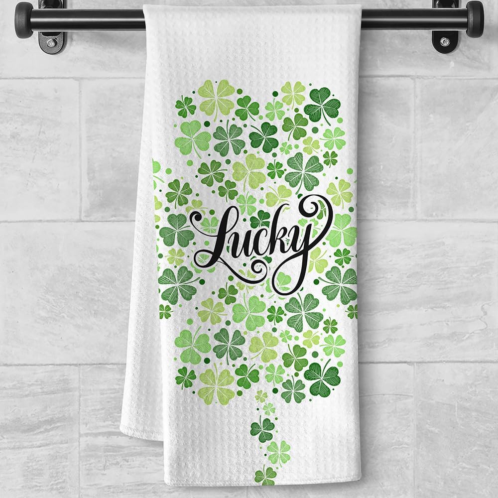 St Patricks Day Luck Green Kitchen Towels - Shamrock Wreath Quick-Dry Embroidered 'Lucky' Centerpiece Art, Irish-Themed Decorative Hand Towel for