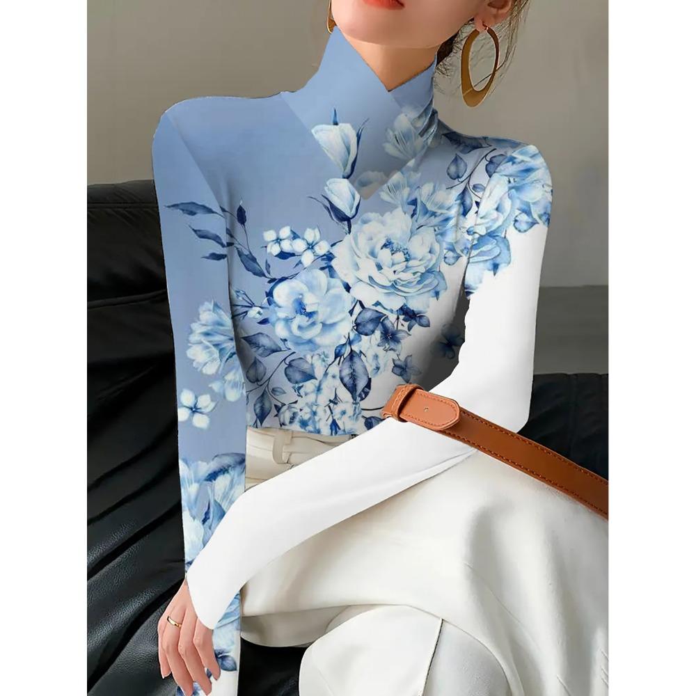 Women's Sexy Turtleneck Long Sleeve T-Shirt, Regular Length, All Seasons, Blue Flower Design