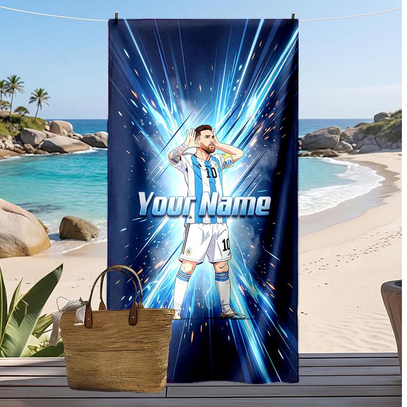 Lionel Messi Personalized Printed Beach Towel Soccer Logo Support Custom Name Text Absorbent Towel For Sport Travel Special Gift