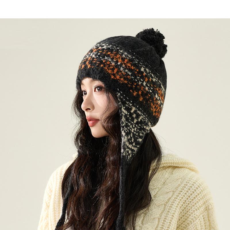 Осенне-зимняя шапка с защитой ушей, вязаная, женская, этнический стиль, теплая шерстяная шапка