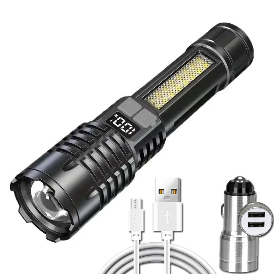High Power LED Flashlights with Display Screen Portable Rechargeable Zoom Tactical Torch Lamp with Emergency Side Lights Lantern