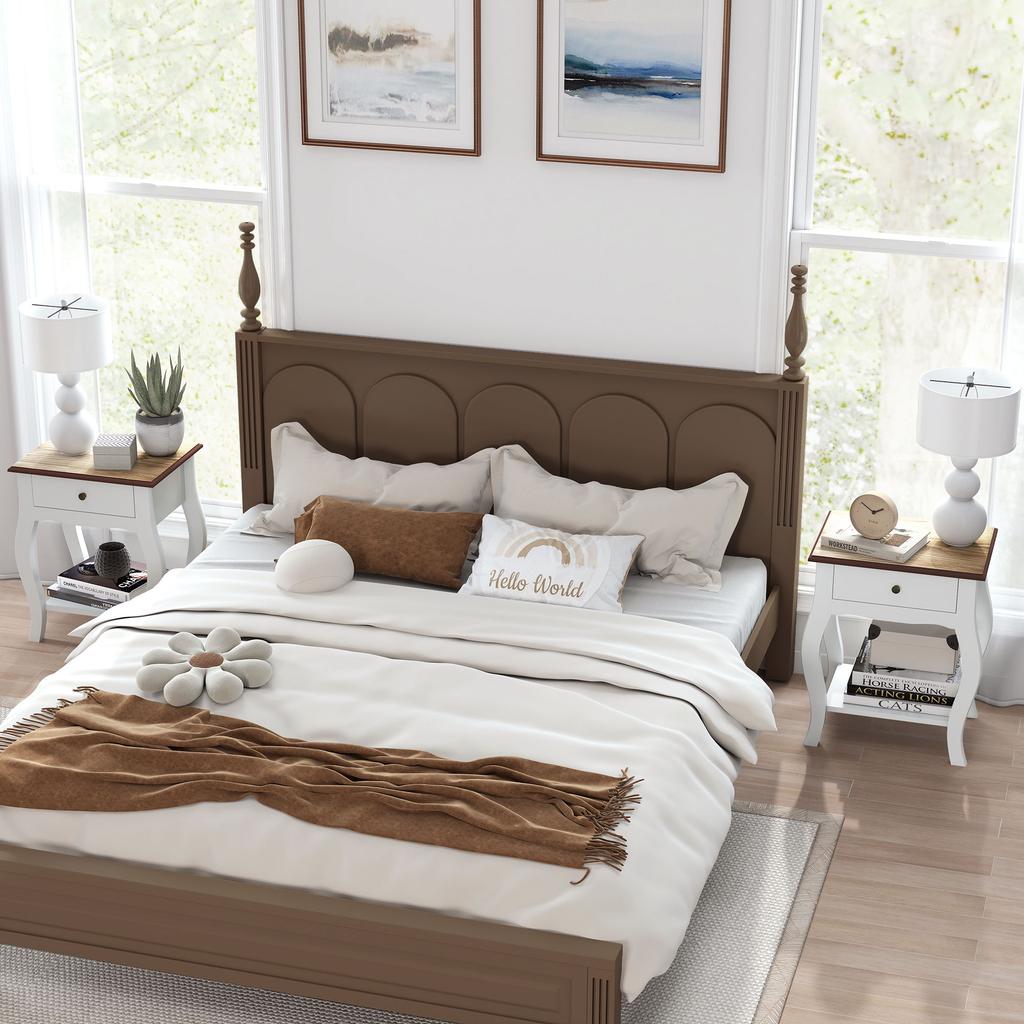 Set of 2 French-Style Nightstands, Drawer, Open Shelf, Oak Effect Top, 45x35x55 cm, White and Oak
