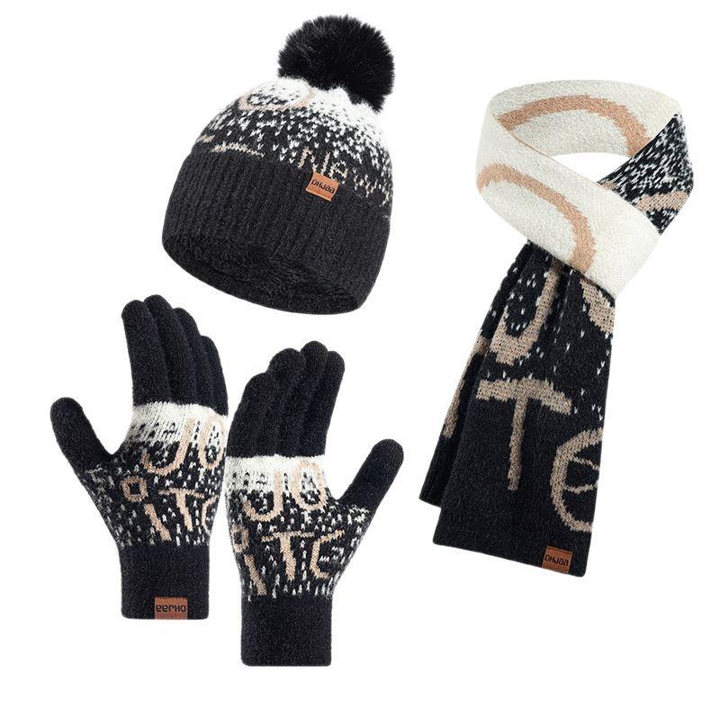 Winter Knitted Women's Jacquard Thickened Imitation Mink Scarf, Hat and Gloves Three-piece Set